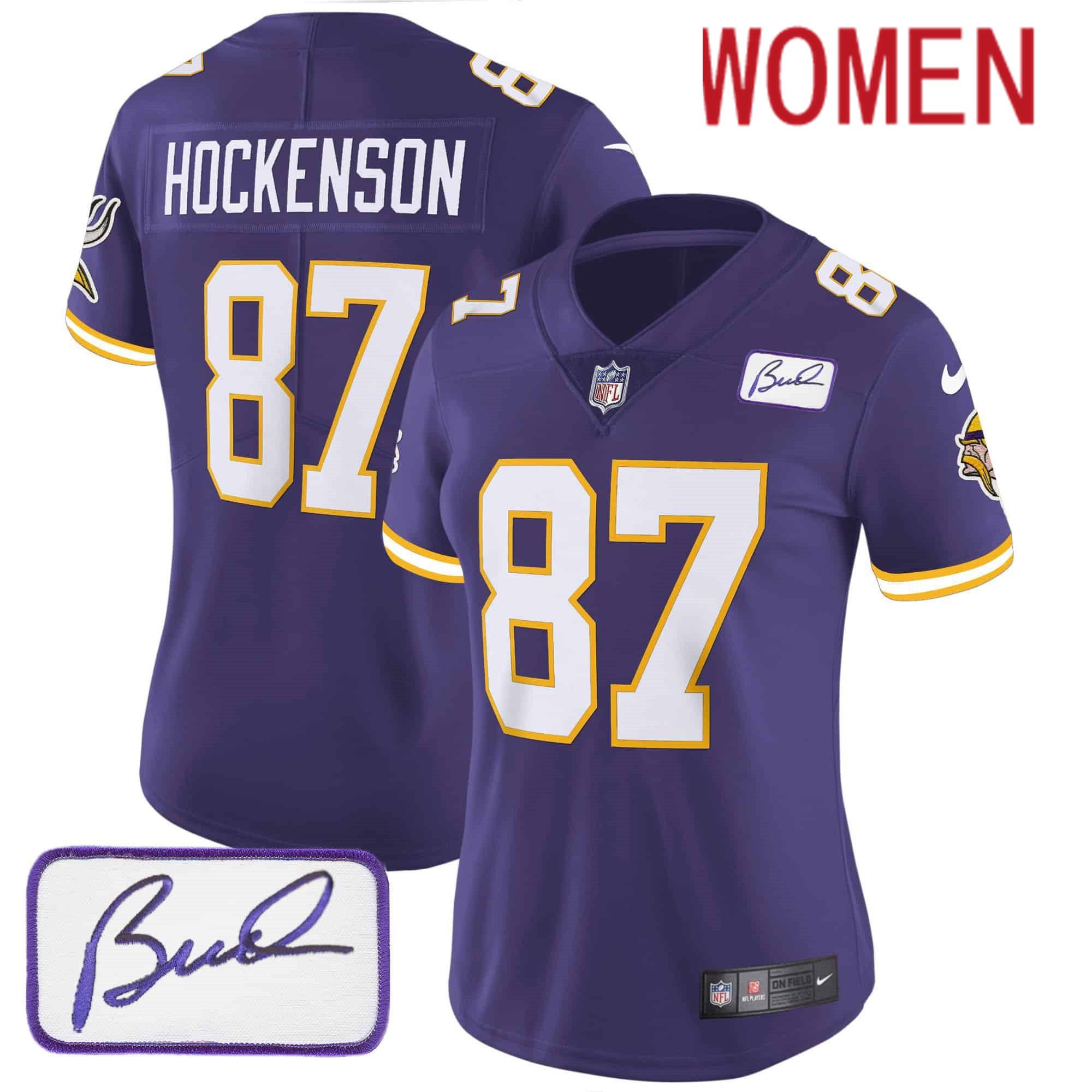 Women Minnesota Vikings #87 Hockenson Purple 2024 Nike Bud Grant Patch Classic Limited NFL Jersey style 3->women nfl jersey->Women Jersey